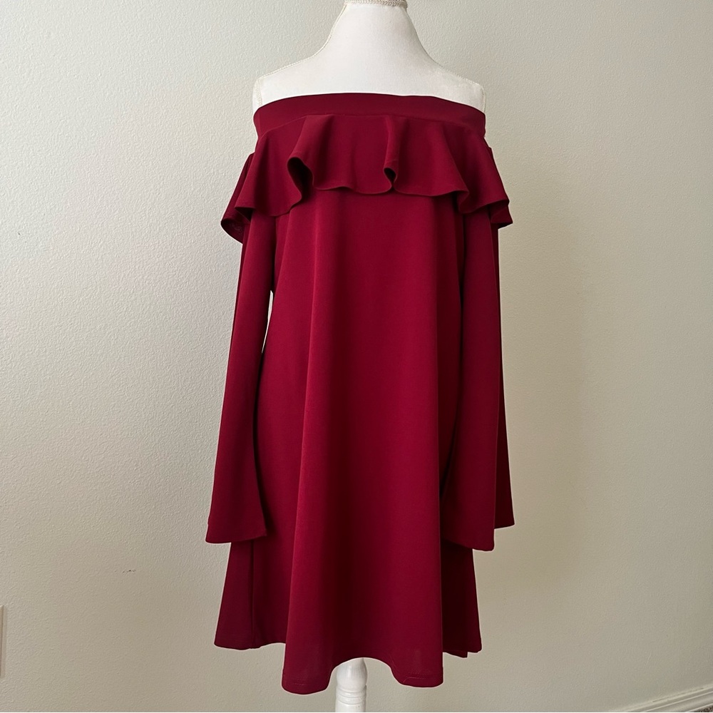Oh Concept Off Shoulder Ruffle Dress Bell Sleeve XL Wine Red